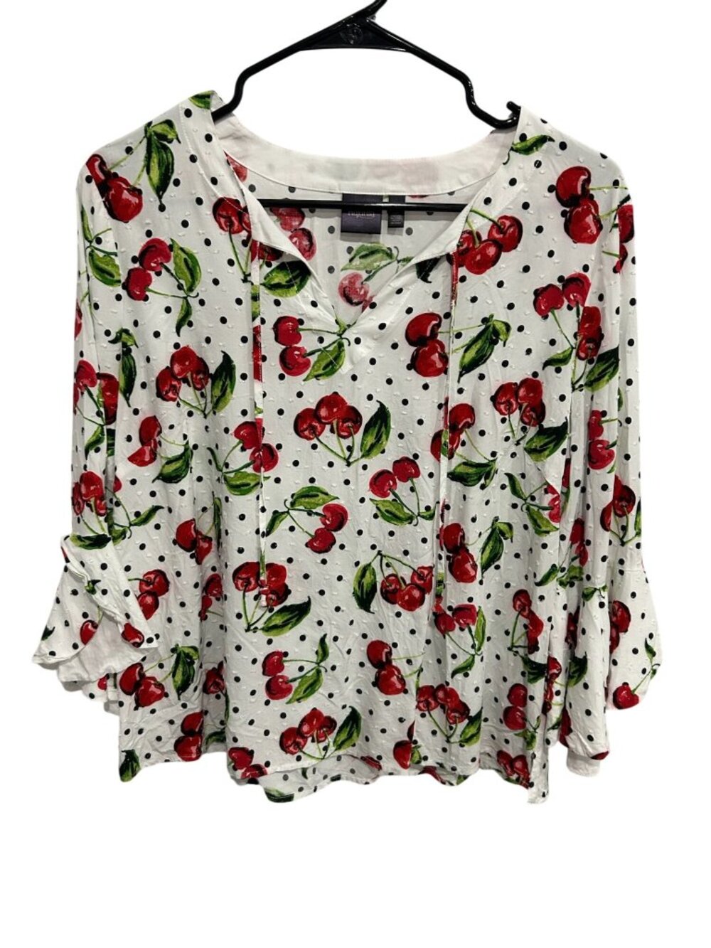 Rafaella Cherry Print Polka Dot Blouse Size Large Bell Sleeves Coquette Boho